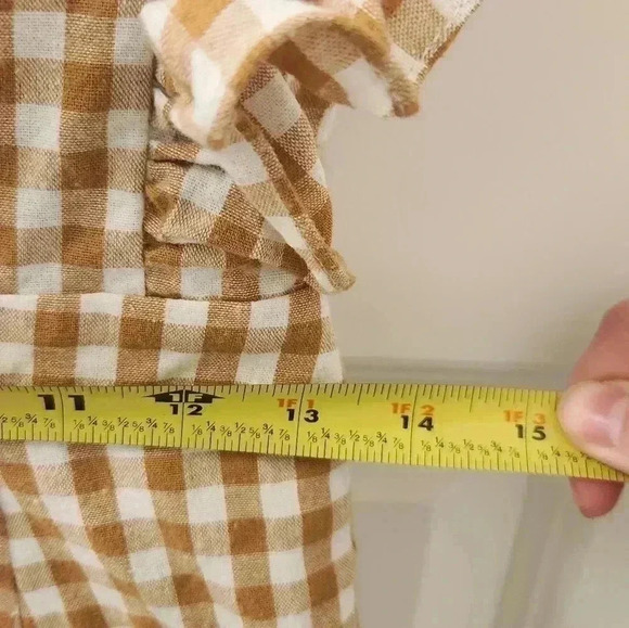 English Factory Brown/ White Plaid Ruffle Short Sleeves Jumpsuit Tie Back Size S - Picture 6 of 7